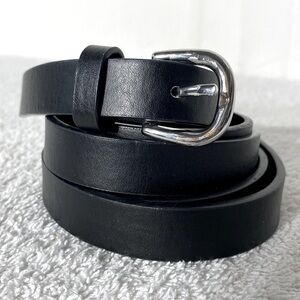 Skinny Black Faux Leather Belt with Silver Buckle